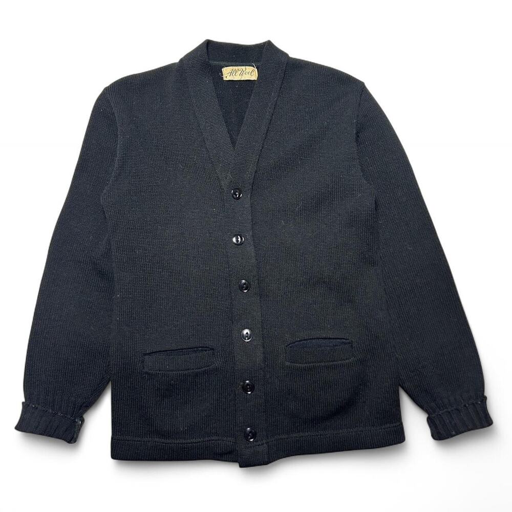 All Wool Vintage 40s Black Knit Cardigan Sweater Varsity Sportswear Blank XS